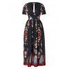 Plus Size Dress Print Surplice Slit Dress Plunge High Waisted A Line Maxi Dress - BLACK L