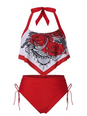 Ruffle Rose Print Halter Tankini Swimsuit