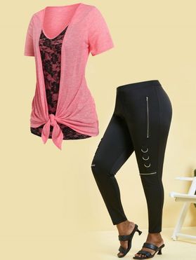 Plus Size Rose Lace Insert T-shirt D-ring Zippered Front Skinny Pants Outfit