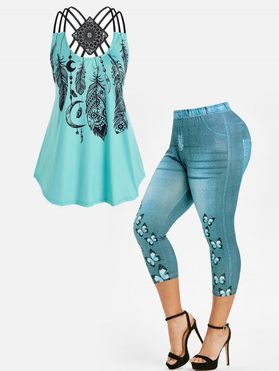Plus Size Feather Crisscross Tank Top and Butterfly 3D Print Capri Jeggings Outfit