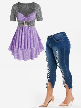 Plus Size Space Dye Skirted T-shirt and Lace Up Capri Jeans Outfit