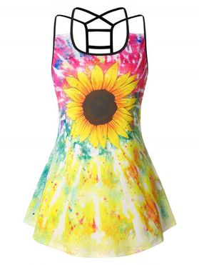 Plus Size Tank Top Sunflower Print Colorful Painting Crisscross Cut Out Casual Tank Top
