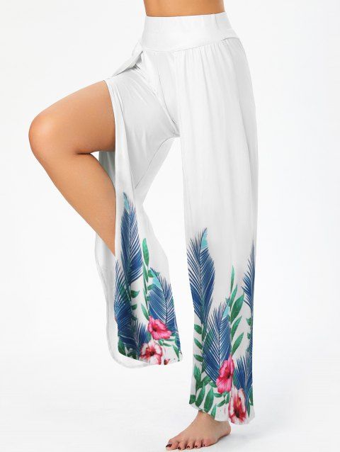 Tropical Slit Flower Leaf Print Wide Leg Pants