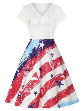 American Flag Print Mini Dress Ruched Knotted Short Sleeve A Line Combo Dress With Faux Pearl Rhinestone Brooch