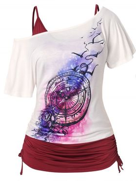 Plus Size Top Cinched Solid Color Tank Top and Clock Floral Print Skew Neck Tee Set