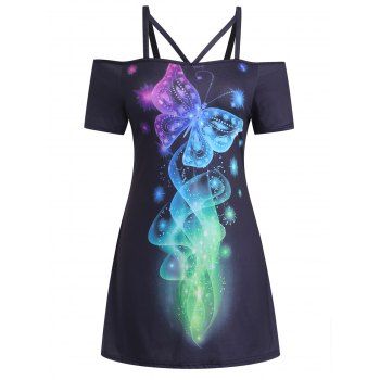 

Plus Size Dress Ombre Dress Butterfly Cold Shoulder Cut Out Straight Mini Dress, Black
