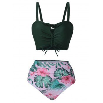 

Tropical Print Cinched Padded Bikini Swimsuit, Deep green