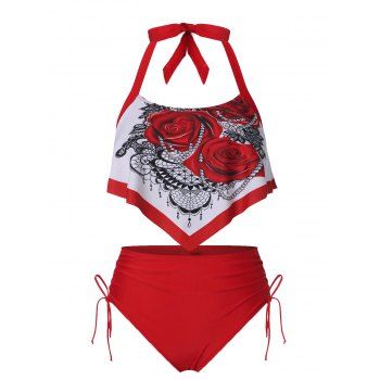 

Ruffle Rose Print Halter Tankini Swimsuit, Deep red