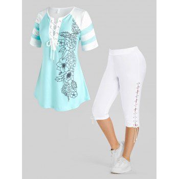

Plus Size Flower Lace Up T-shirt and Lace Up Capri Leggings Outfit, Multicolor