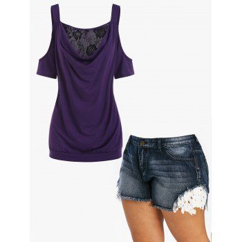 

Plus Size Draped Lace Insert Cutout T-shirt and Frayed Denim Shorts Outfit, Multicolor