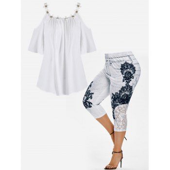 

Plus Size Cold Shoulder Floral Applique Blouse and Lace Panel Jeggings Outfit, White