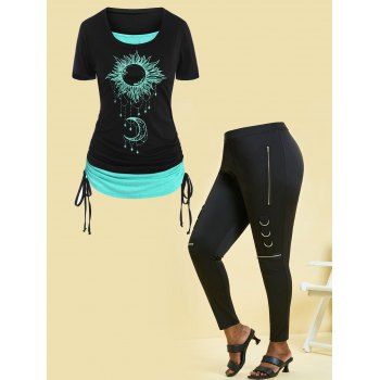 

Plus Size Sun Moon T Shirt and D-ring Zippered Front Skinny Pants Outfit, Multicolor