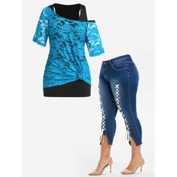 

Plus Size Lace Twinset T-shirt and Lace Up Capri Jeans Outfit, Blue