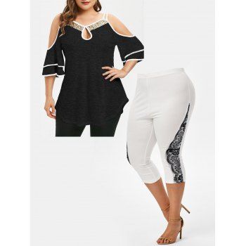 

Plus Size Sequin Cut Out T Shirt and Lace Leggings Outfit, Multicolor
