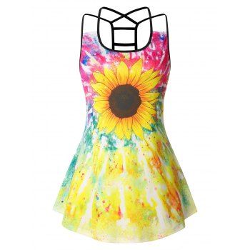 

Plus Size Tank Top Sunflower Print Colorful Painting Crisscross Cut Out Casual Tank Top, Multicolor