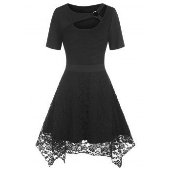 

Plus Size Dress A Line Dress Lace Overlay O Ring Cut Out Solid Color Mini Dress, Black