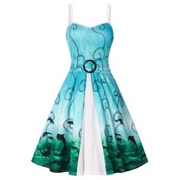 Vacation Dress Marine Life Dolphin Print Cami Dress O Ring Sleeveless Godet Dress