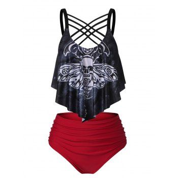 

Skull Butterfly Print Crossover Tankini Swimsuit, Black