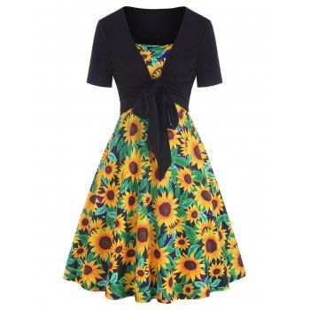 Sunflower Print Spaghetti Mini Dress and Knotted Top