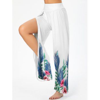 

Tropical Slit Flower Leaf Print Wide Leg Pants, White