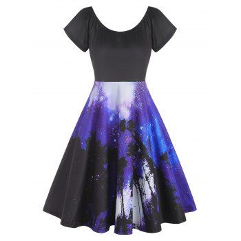 

Galaxy Scenic Print Mini Dress Short Sleeve High Waist A Line Combo Dress, Multicolor