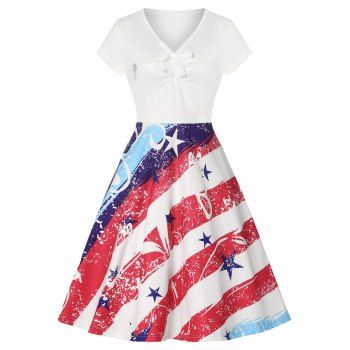 

American Flag Print Mini Dress Ruched Knotted Short Sleeve A Line Combo Dress With Faux Pearl Rhinestone Brooch, Multicolor