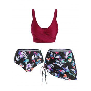 

Plus Size Butterfly Skull Cinched Three Piece Swimsuit, Deep red