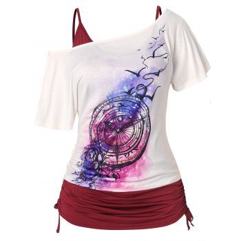 

Plus Size Top Cinched Solid Color Tank Top and Clock Floral Print Skew Neck Tee Set, White