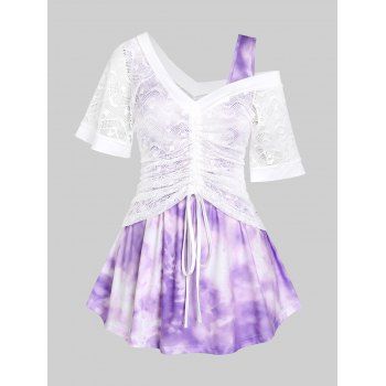

Plus Size & Curve Cinched Lace Tee and Tie Dye Tank Top Set, Light purple