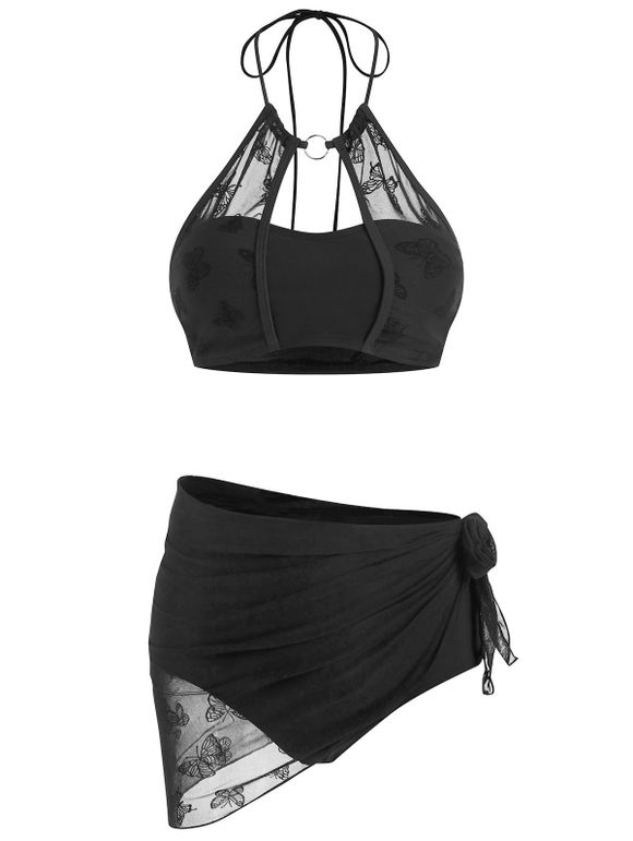 Halter Swimwear Beach Bathing Suit Mesh Overlay Padded Three Piece Bikini Swimsuit - BLACK XXXL