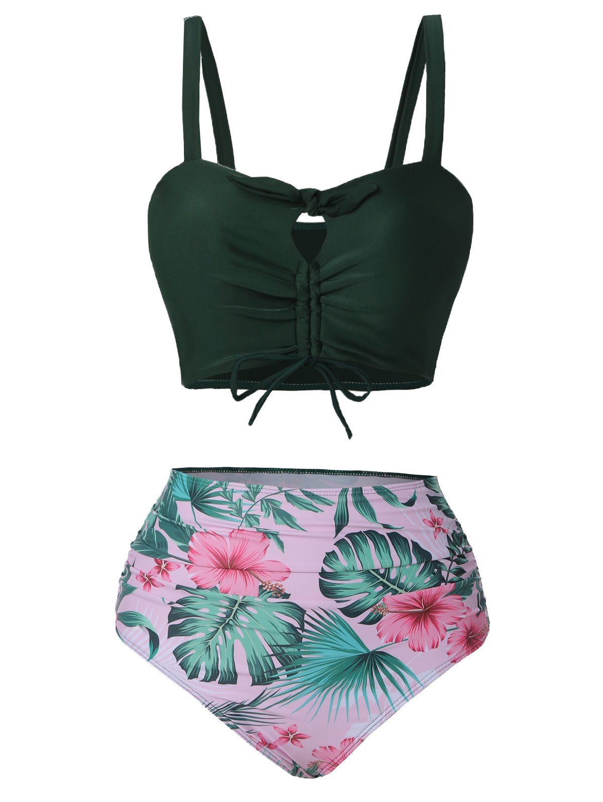 Tropical Print Cinched Padded Bikini Swimsuit - DEEP GREEN XXL