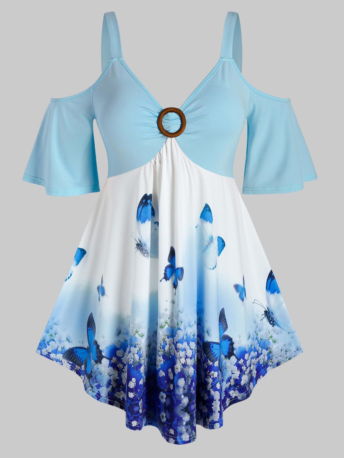 T-shirt à Imprimé Fleuri Papillon à Epaule Dénudée de Grande Taille - Bleu 3X
