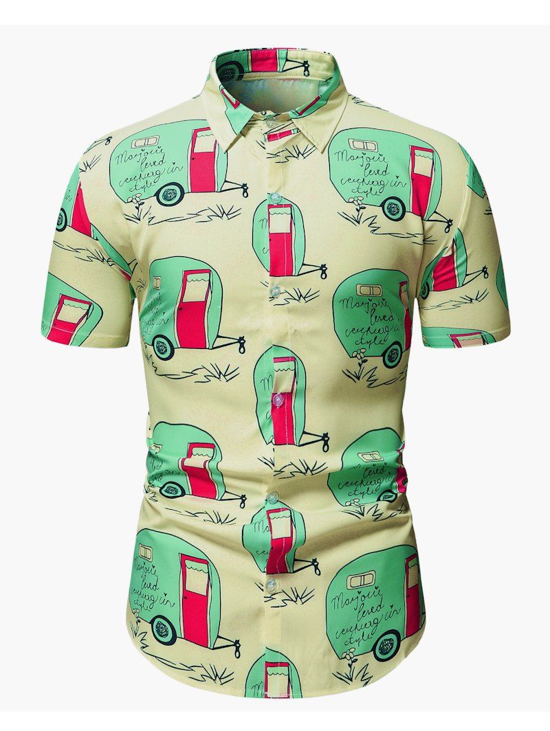 Cartoon Car Print Short Sleeve Vacation Shirt - multicolor 2XL