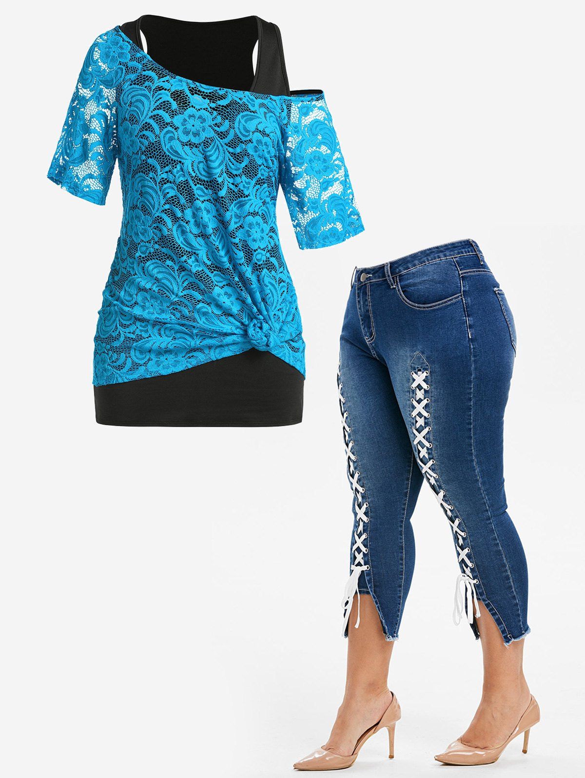 Plus Size Lace Twinset T-shirt and Lace Up Capri Jeans Outfit - BLUE L