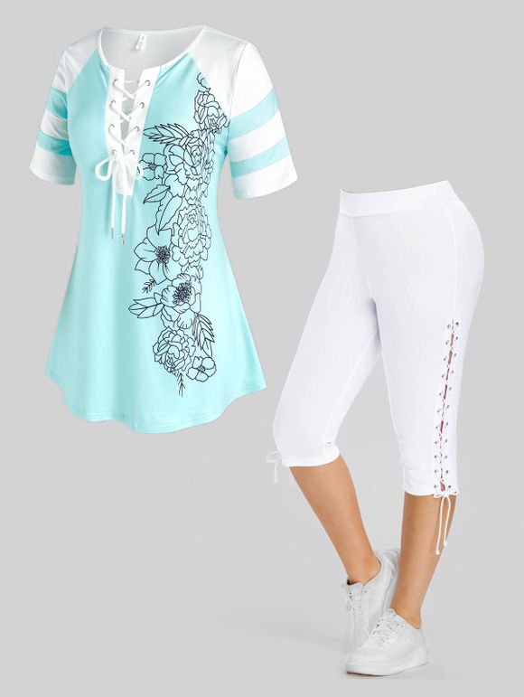 Plus Size Flower Lace Up T-shirt and Lace Up Capri Leggings Outfit - multicolor L