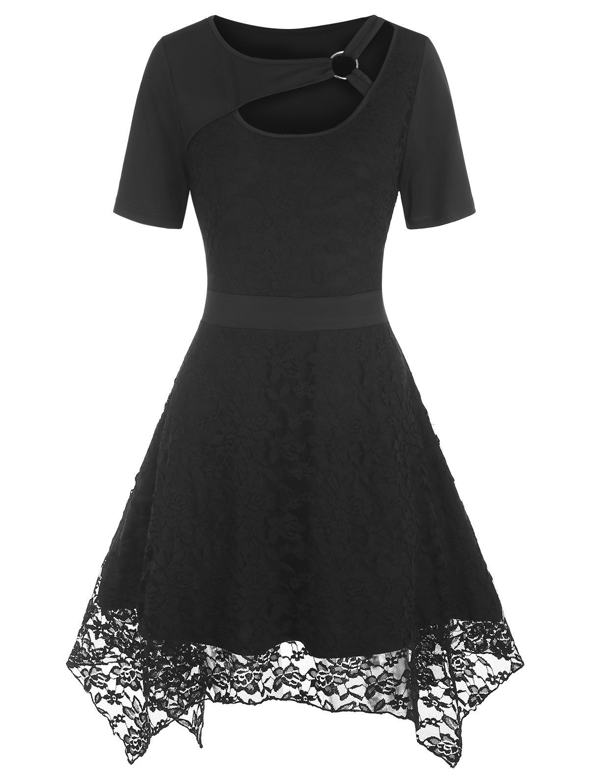 Plus Size Dress A Line Dress Lace Overlay O Ring Cut Out Solid Color Mini Dress - BLACK 2X