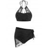 Halter Swimwear Beach Bathing Suit Mesh Overlay Padded Three Piece Bikini Swimsuit - BLACK XXXL