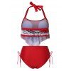 Ruffle Rose Print Halter Tankini Swimsuit - DEEP RED L