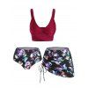Plus Size Butterfly Skull Cinched Three Piece Swimsuit - DEEP RED 3X