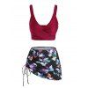 Plus Size Butterfly Skull Cinched Three Piece Swimsuit - DEEP RED 5X