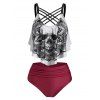 Plus Size Lattice Skull Print Ruched Flounce Tankini Swimwear - BLACK 3X