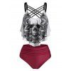 Plus Size Lattice Skull Print Ruched Flounce Tankini Swimwear - BLACK 5X
