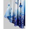 T-shirt à Imprimé Fleuri Papillon à Epaule Dénudée de Grande Taille - Bleu 4X