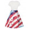 American Flag Print Mini Dress Ruched Knotted Short Sleeve A Line Combo Dress With Faux Pearl Rhinestone Brooch - multicolor XXL