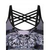 Skull Butterfly Print Crossover Tankini Swimsuit - BLACK XL
