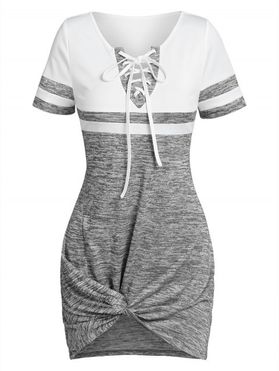 Colorblock Space Dye Print Mini Dress Lace Up Front Twist Tee Dress Short Sleeve Asymmetric Dress