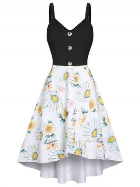 Sunflower Floral Mock Button High Low Sleeveless Long Dress