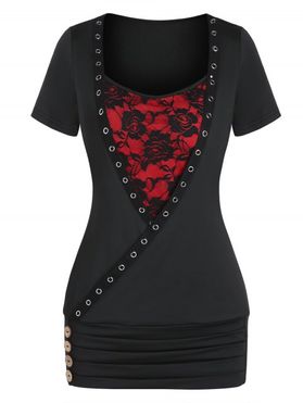 Eyelet Rose Lace Mock Button Ruched Wrap Tee