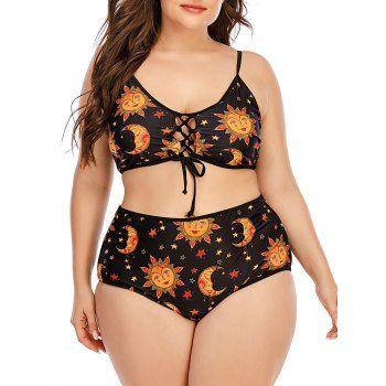 

Plus Size Lace Up Sun Moon Star Tankini Set, Black