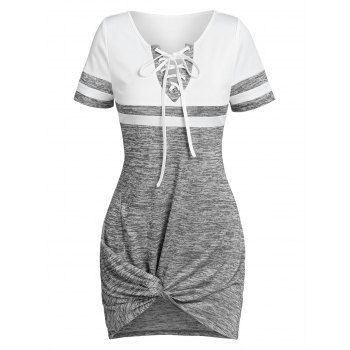 

Colorblock Heathered Lace Up Twist Dress, Light gray